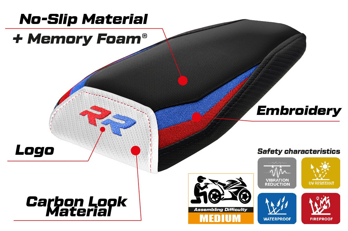 Funda de asiento BMW M1000RR 2023-2025 Tappezzeria Italia TPZ Comfort Rojo Azul Blanco Negro