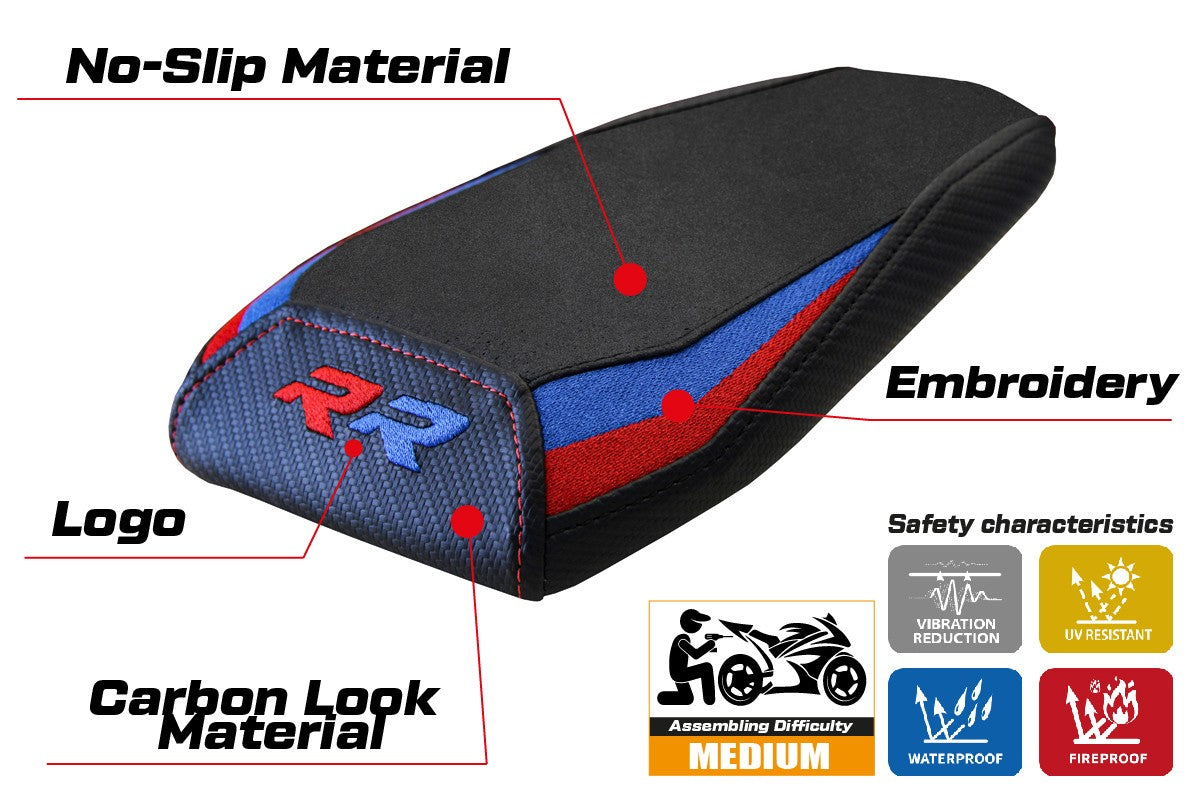 Funda de asiento BMW M1000RR 2023-2025 Tappezzeria Italia TPZ Terciopelo Rojo Azul Negro