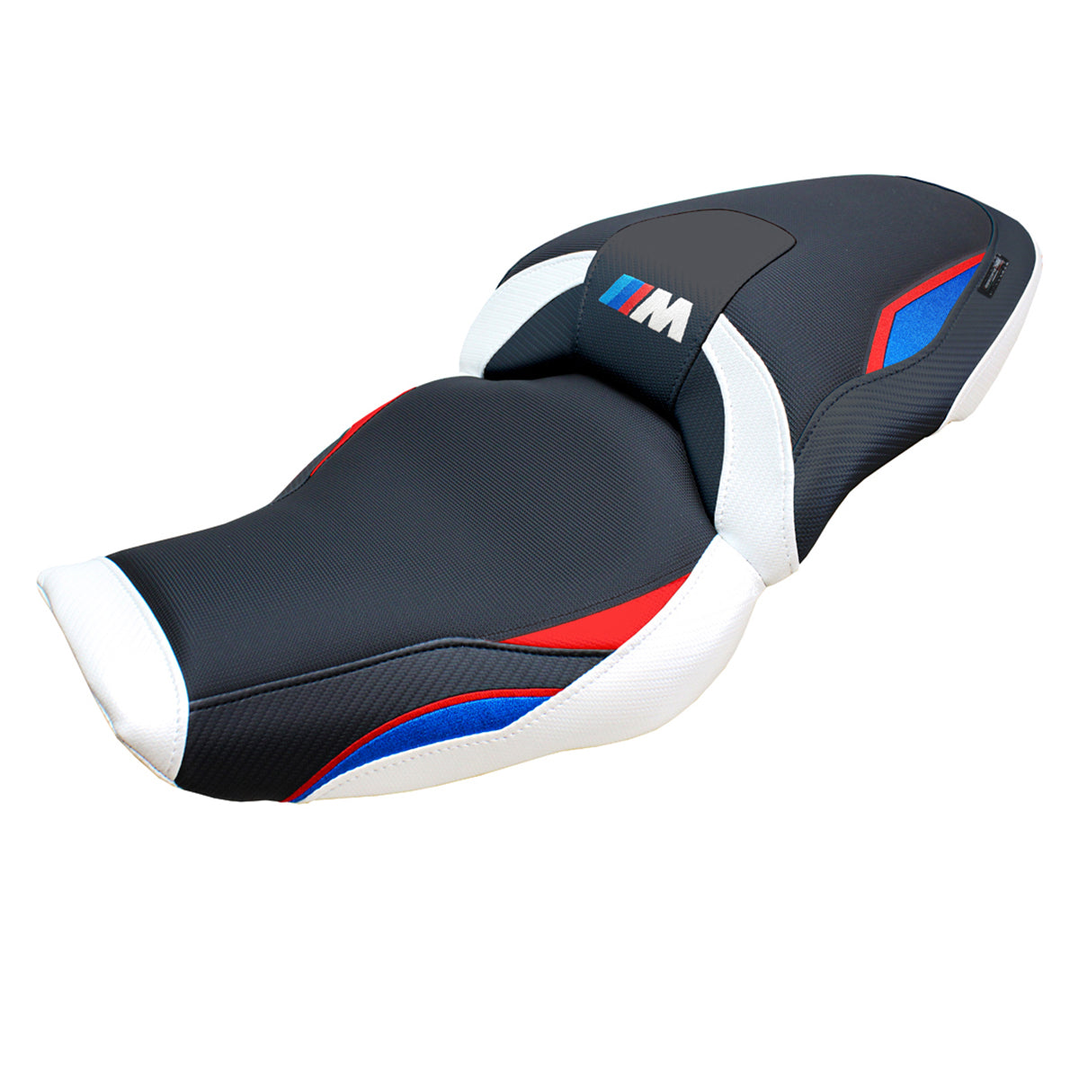 Funda de asiento BMW M1000XR 2024-2025 Tappezzeria Italia TPZ en rojo, azul, blanco y negro