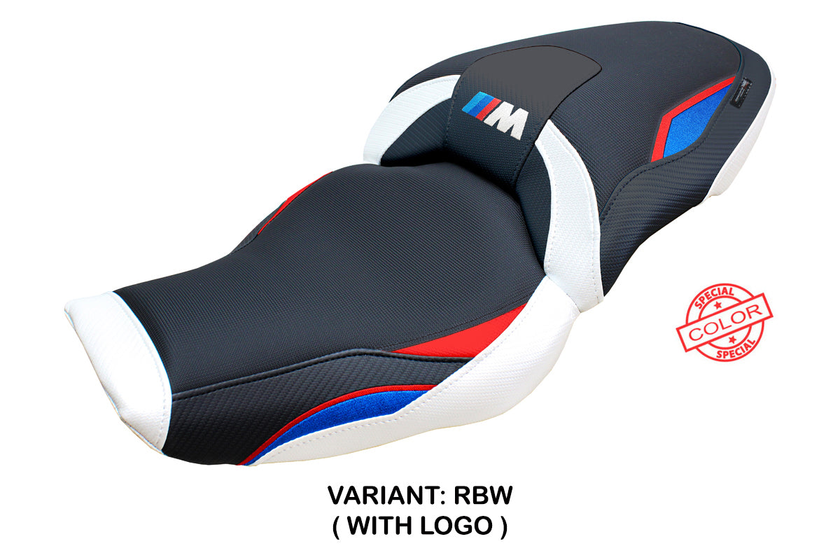 Funda de asiento BMW M1000XR 2024-2025 Tappezzeria Italia TPZ en rojo, azul, blanco y negro