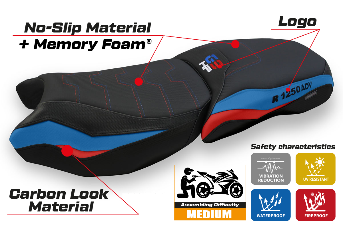 Funda de asiento calefactable Comfort Tappezzeria Italia TPZ para BMW R1250GS ADV 2019-2024 en rojo y azul