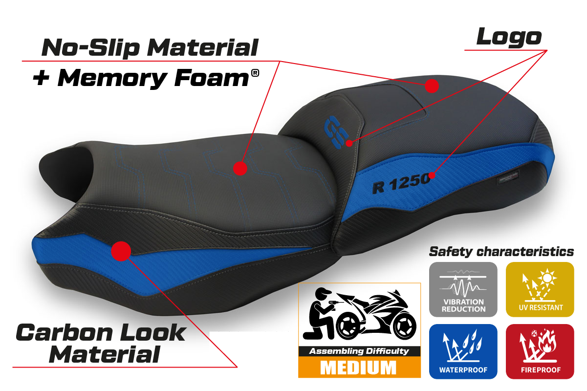 Funda de asiento calefactable Comfort Tappezzeria Italia TPZ para BMW R1250GS 2019-2023 en azul y negro