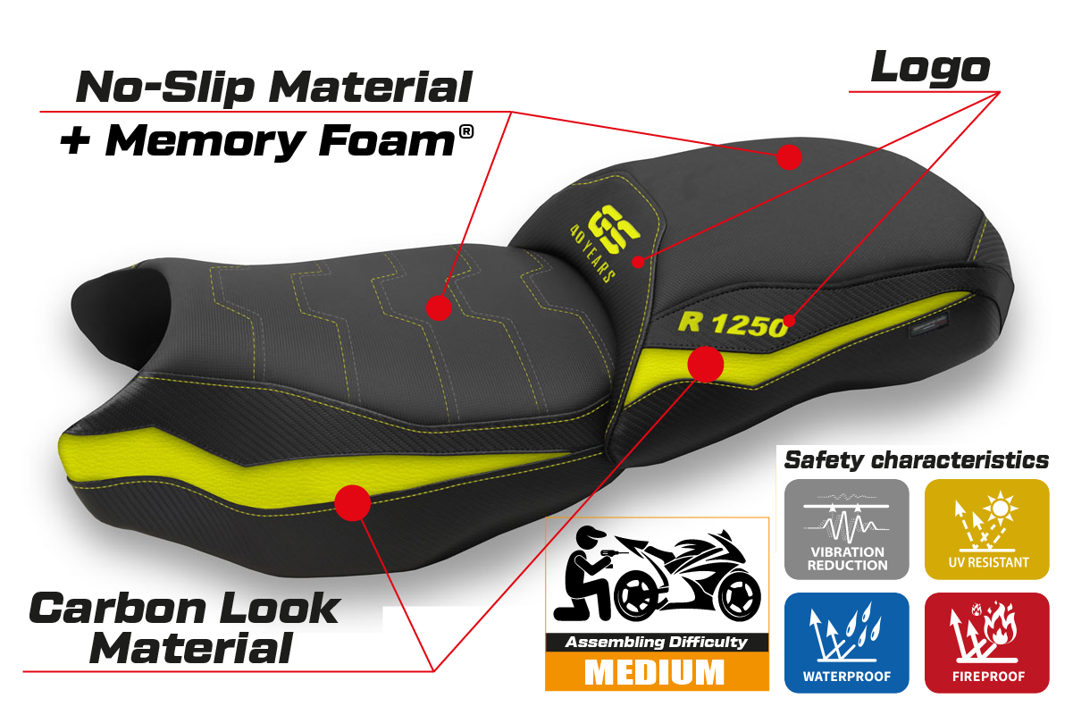 Funda de asiento calefactable Comfort Tappezzeria Italia TPZ para BMW R1250GS 2019-2023 en amarillo y negro