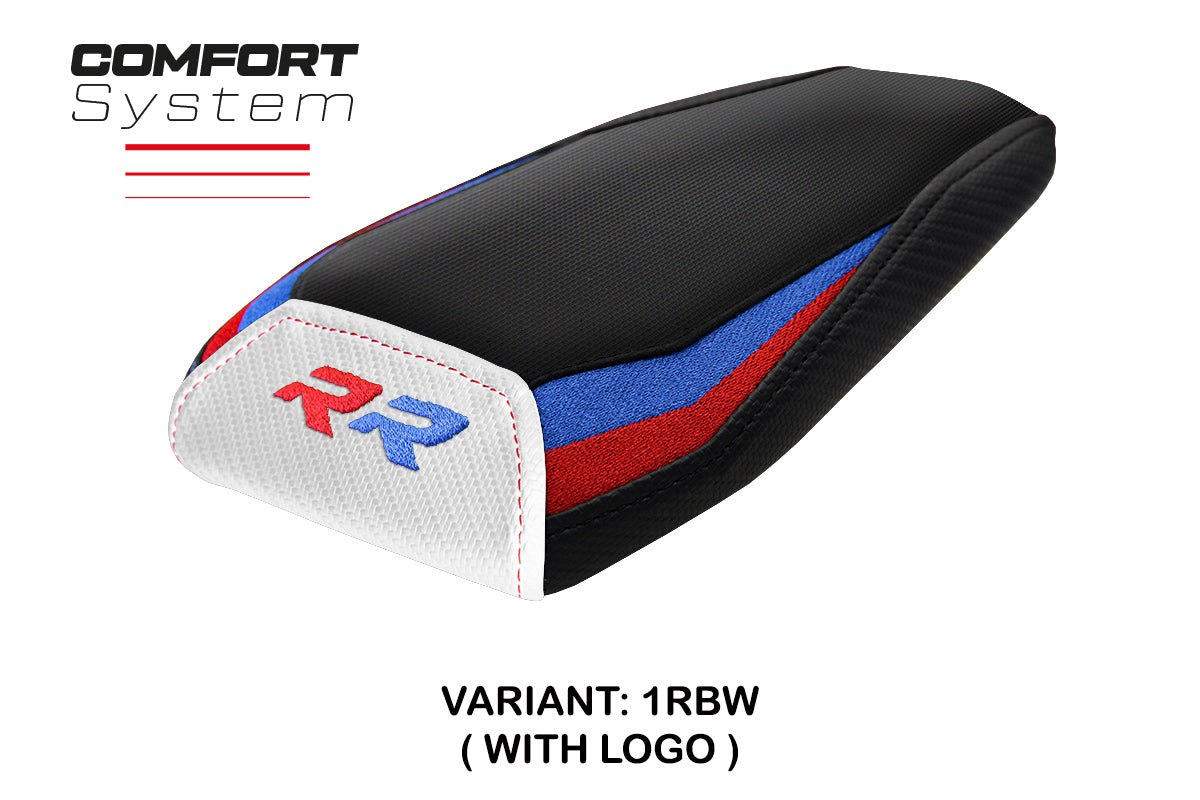Funda para asiento trasero BMW M1000RR 2021-2022 Tappezzeria Italia TPZ Comfort en rojo, azul, blanco y negro