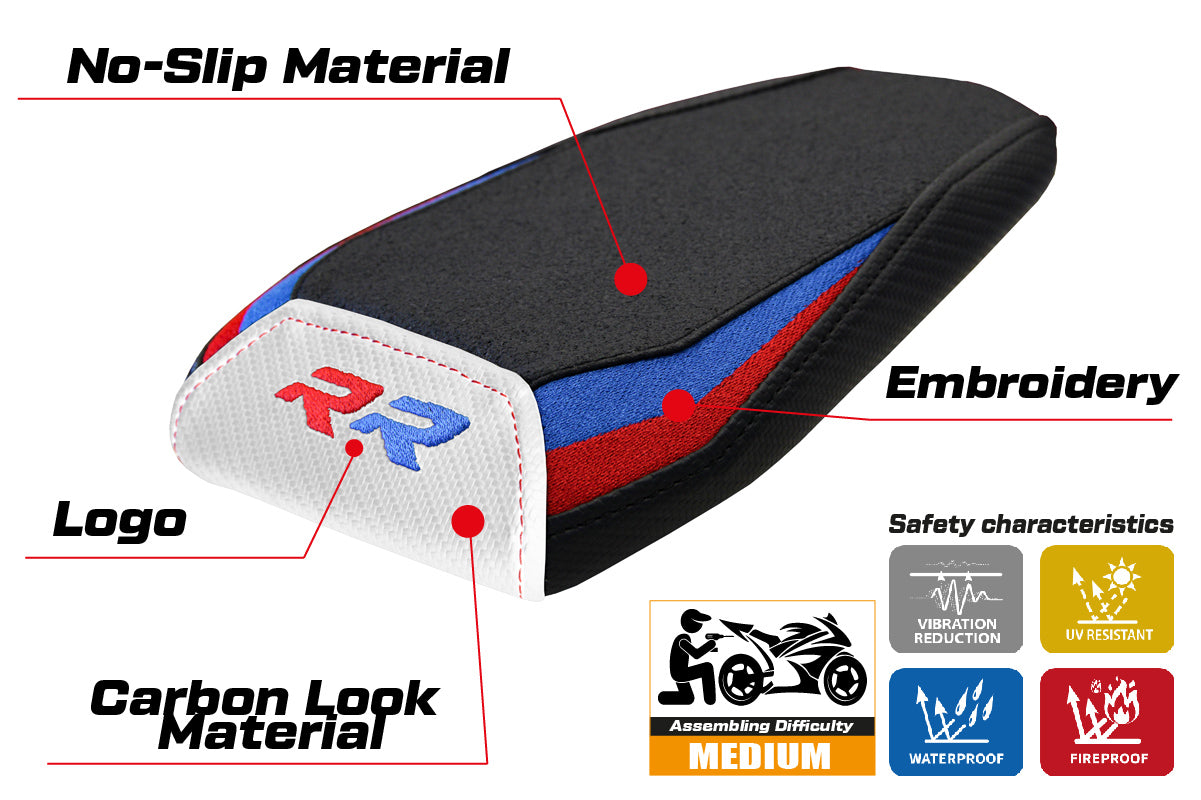 Funda para asiento trasero BMW M1000RR 2021-2022 Tappezzeria Italia TPZ Ultragrip en rojo, azul, blanco y negro