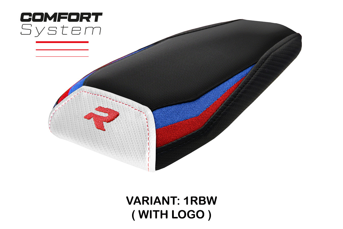 Funda para asiento trasero BMW M1000R 2022-2025 Tappezzeria Italia TPZ Comfort en rojo, azul, blanco y negro