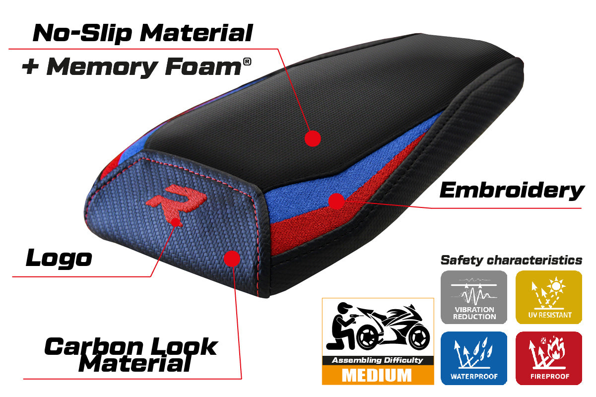 Funda para asiento trasero BMW M1000R 2022-2025 Tappezzeria Italia TPZ Comfort en rojo, azul y negro