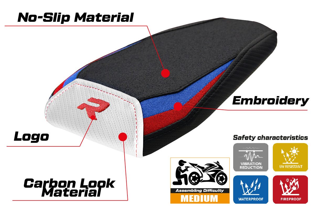 Funda para asiento trasero BMW M1000R 2022-2025 Tappezzeria Italia TPZ Ultragrip en rojo, azul, blanco y negro