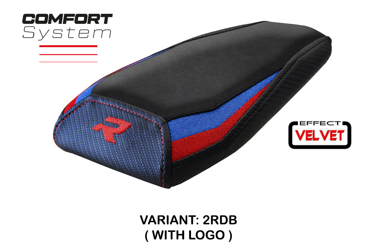 Funda de asiento trasero BMW M1000R 2022-2025 Tappezzeria Italia TPZ Comfort en terciopelo rojo, azul y negro
