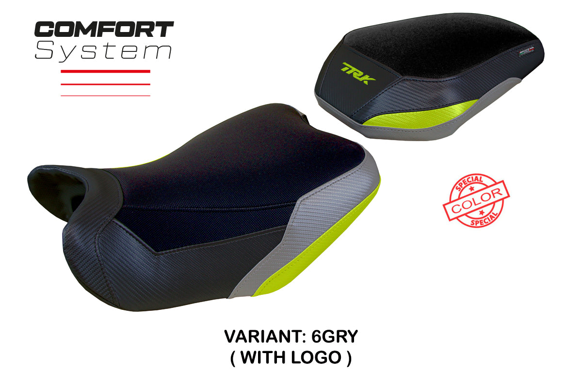 Funda de asiento Benelli TRK 702 2023-2025 Tappezzeria Italia TPZ Comfort en gris, amarillo y negro