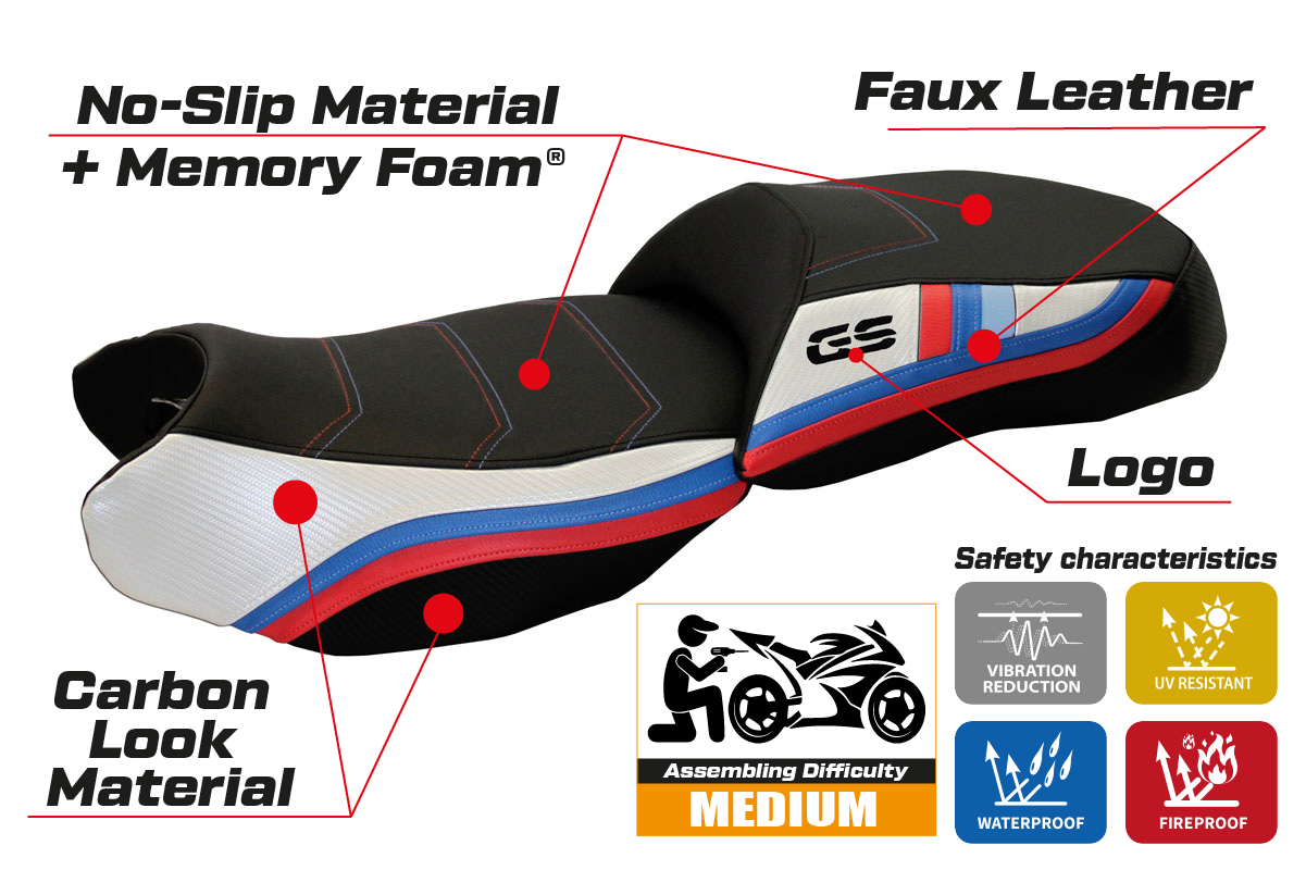 Funda de asiento BMW R1200GS 2013-2018 Tappezzeria Italia TPZ Comfort calefactable en blanco y negro