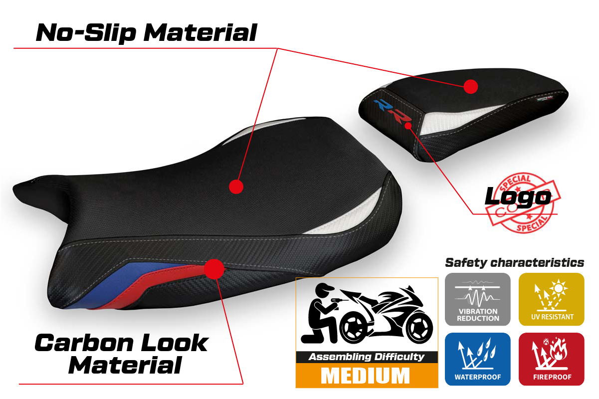 Funda de asiento BMW S1000RR M Sport 2019-2025 Tappezzeria Italia TPZ en blanco, rojo y azul HP
