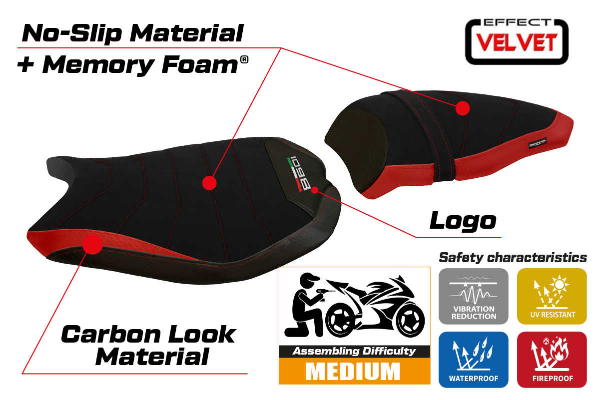 Funda de asiento Tappezzeria Italia TPZ Comfort para Ducati 1098 2007-2013 en rojo y negro