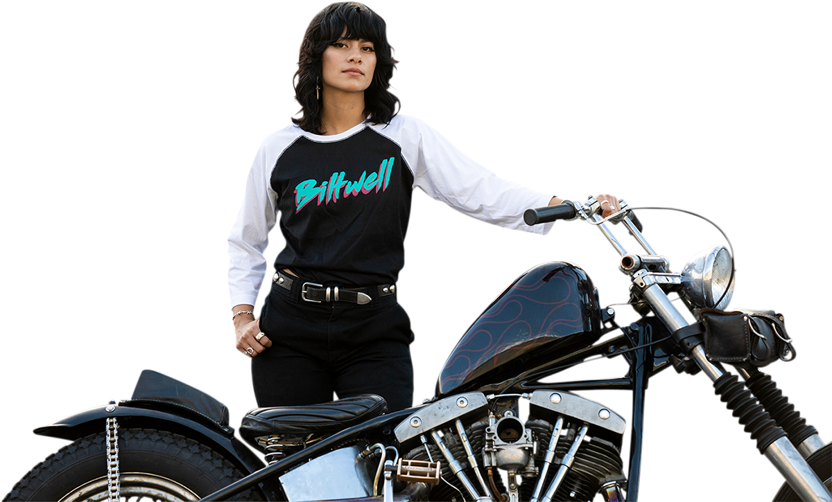 Camiseta raglán BILTWELL 1985 para mujer - Negro/Blanco - Talla pequeña 8144-060-002 