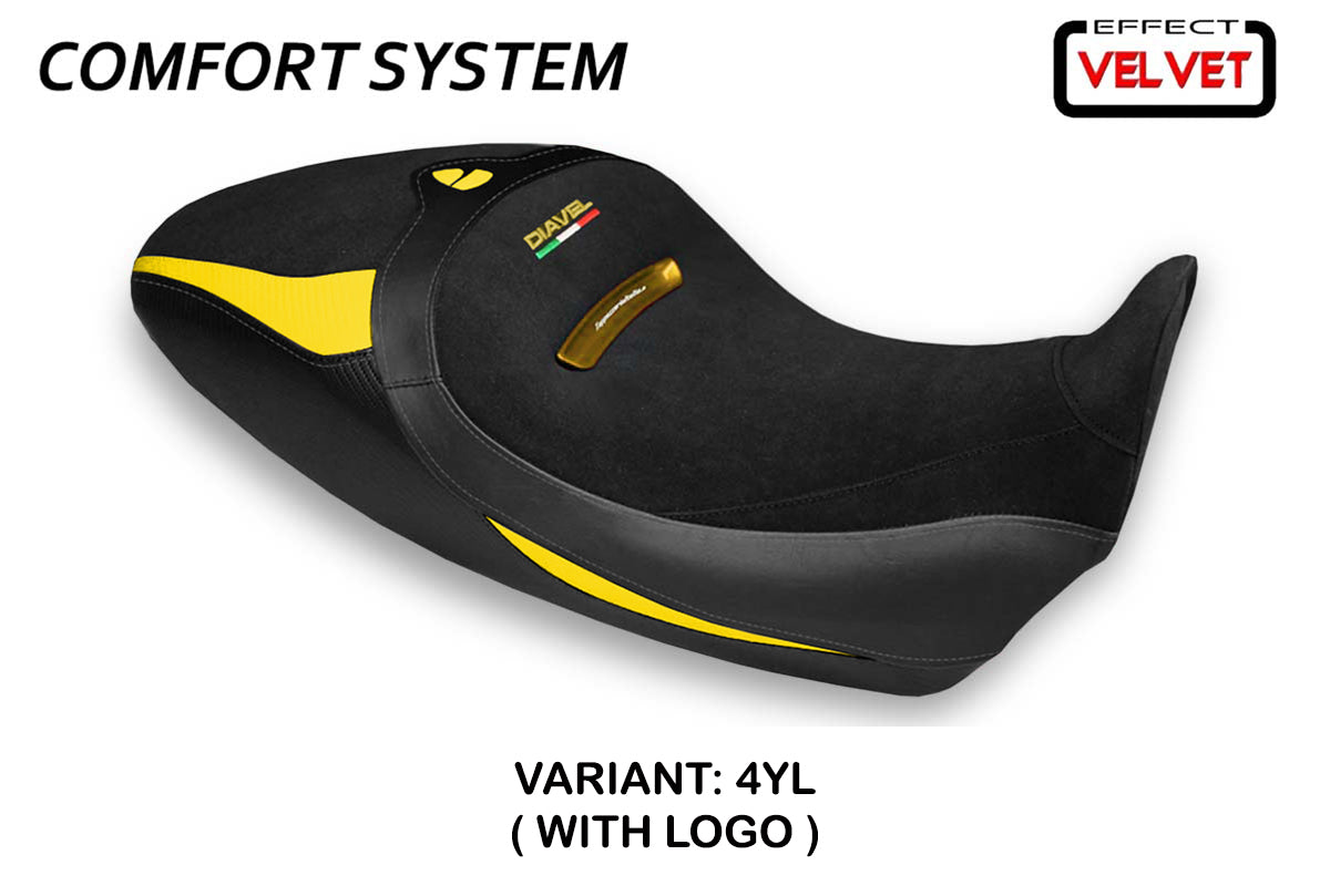 Funda de asiento Tappezzeria Italia TPZ Comfort para Ducati Diavel 1260 1260S 2019-2023 en amarillo y negro