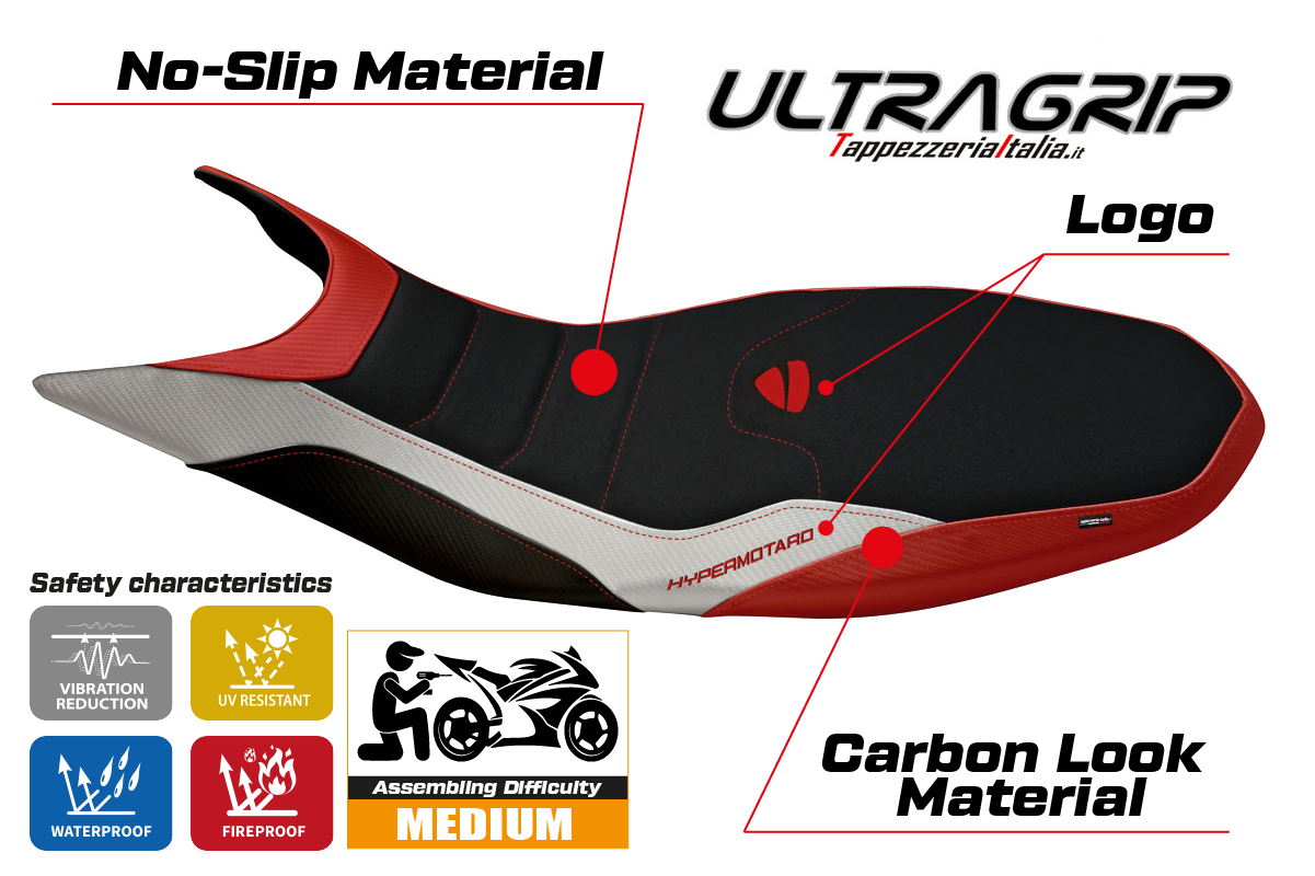 Funda de asiento Tappezzeria Italia TPZ Ultragrip para Ducati Hypermotard 821 939 2013-2018 en rojo y blanco