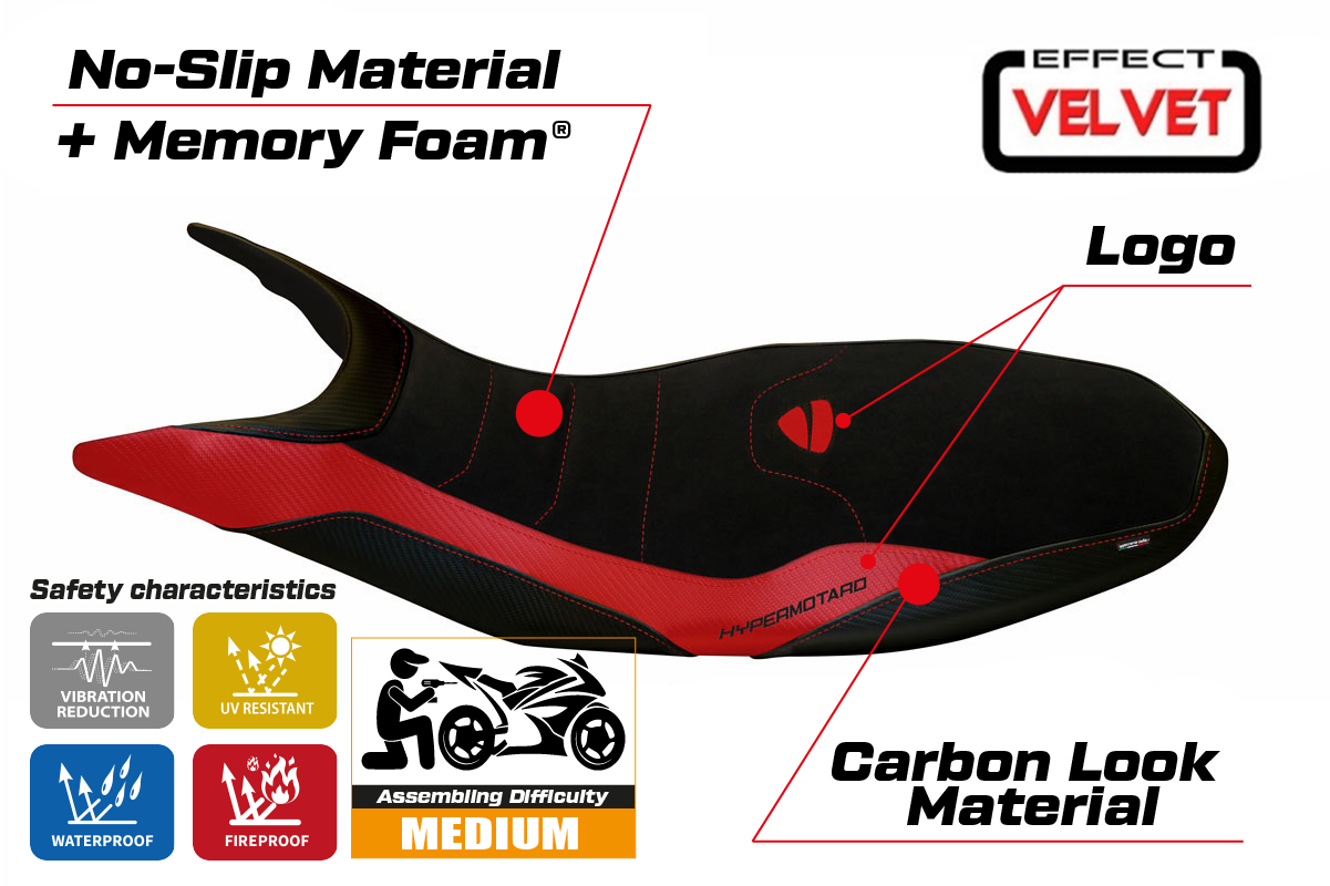 Funda de asiento Tappezzeria Italia TPZ Comfort para Ducati Hypermotard 821 939 2013-2018 en rojo y negro