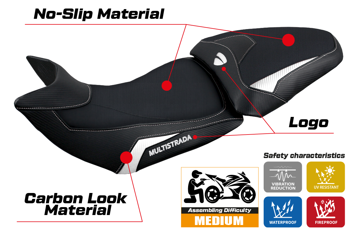 Funda de asiento Tappezzeria Italia TPZ para Ducati Multistrada 1200 1260 2015-2020 en blanco y negro