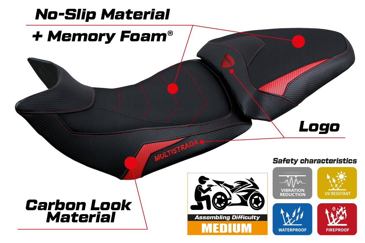 Funda de asiento Tappezzeria Italia TPZ Comfort para Ducati Multistrada 1200 1260 2015-2020 en rojo y negro