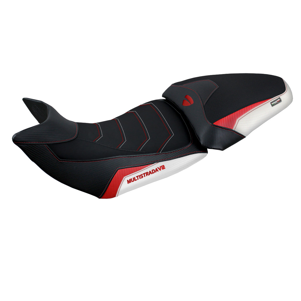 Funda de asiento Tappezzeria Italia TPZ Comfort para Ducati Multistrada V2 2021-2024 en blanco y rojo