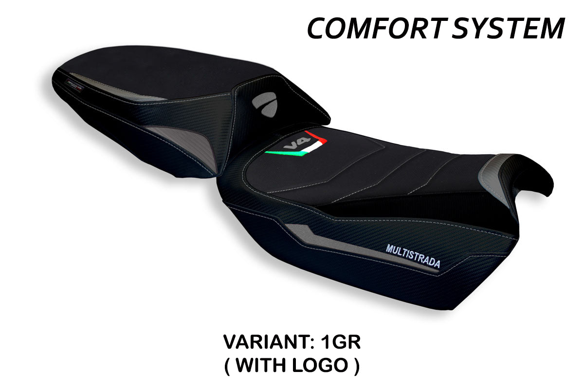 Funda de asiento Tappezzeria Italia TPZ Comfort para Ducati Multistrada V4 V4S 2021-2025 en gris y negro