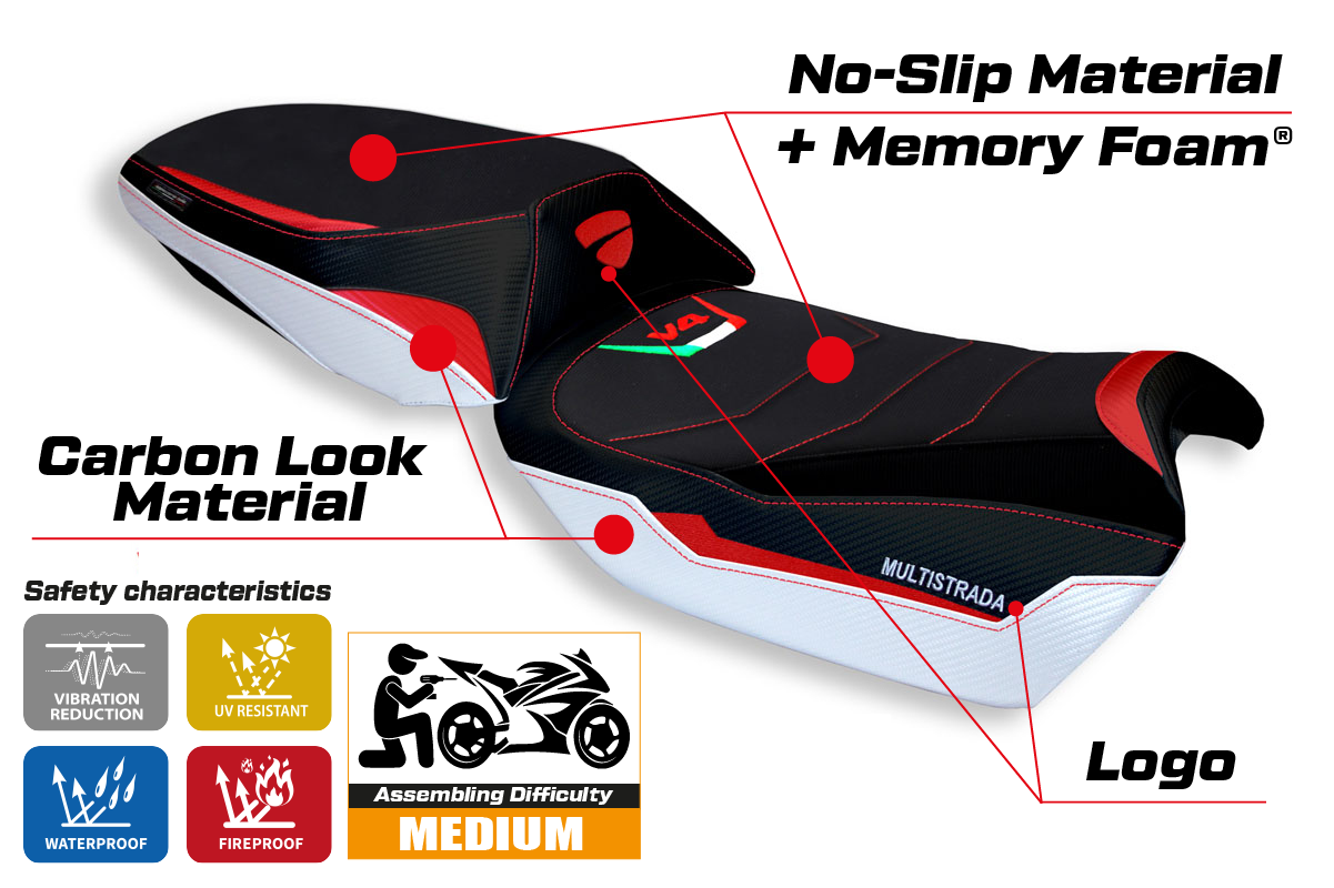 Funda de asiento Tappezzeria Italia TPZ Comfort para Ducati Multistrada V4 V4S 2021-2025 en blanco y rojo