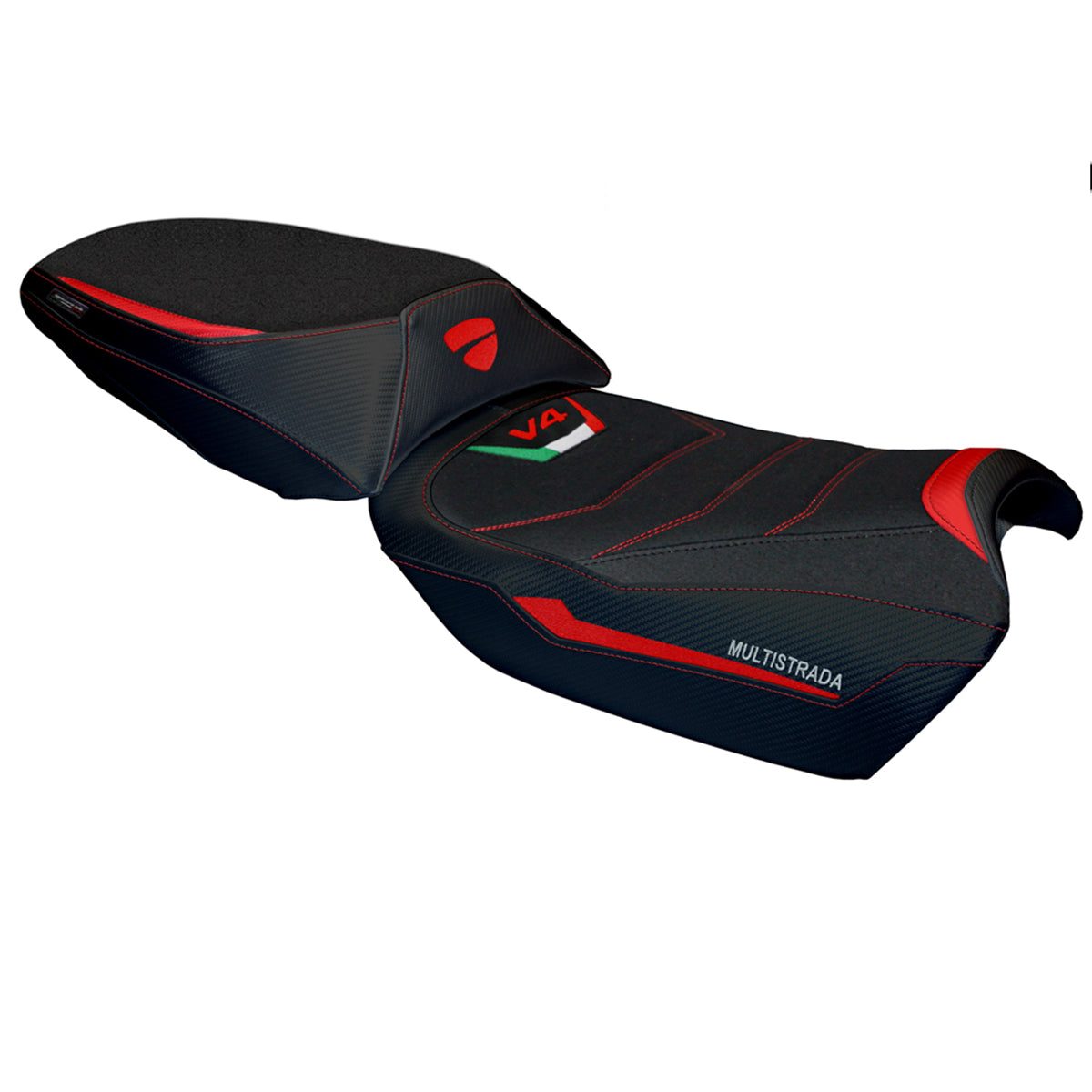 Funda de asiento Tappezzeria Italia TPZ Ultragrip para Ducati Multistrada V4 Rally 2023-2025 en rojo y negro