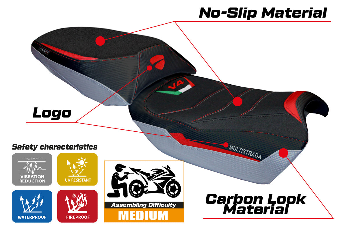 Funda de asiento para Ducati Multistrada V4 Rally 2023-2025 Tappezzeria Italia TPZ Ultragrip en rojo y plata