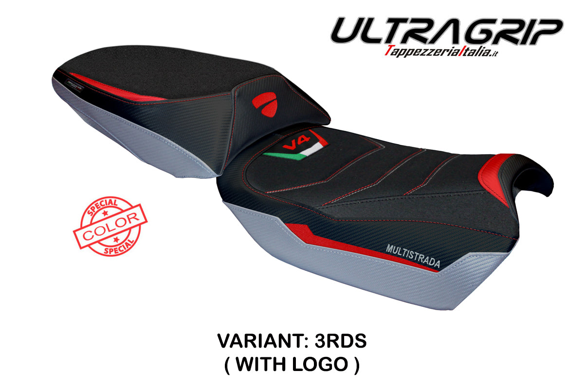 Funda de asiento para Ducati Multistrada V4 Rally 2023-2025 Tappezzeria Italia TPZ Ultragrip en rojo y plata