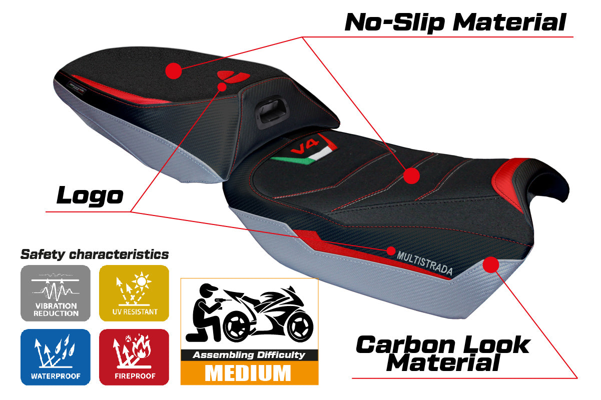 Funda de asiento Tappezzeria Italia TPZ Ultragrip para Ducati Multistrada V4 Rally 2023-2025 en color plata