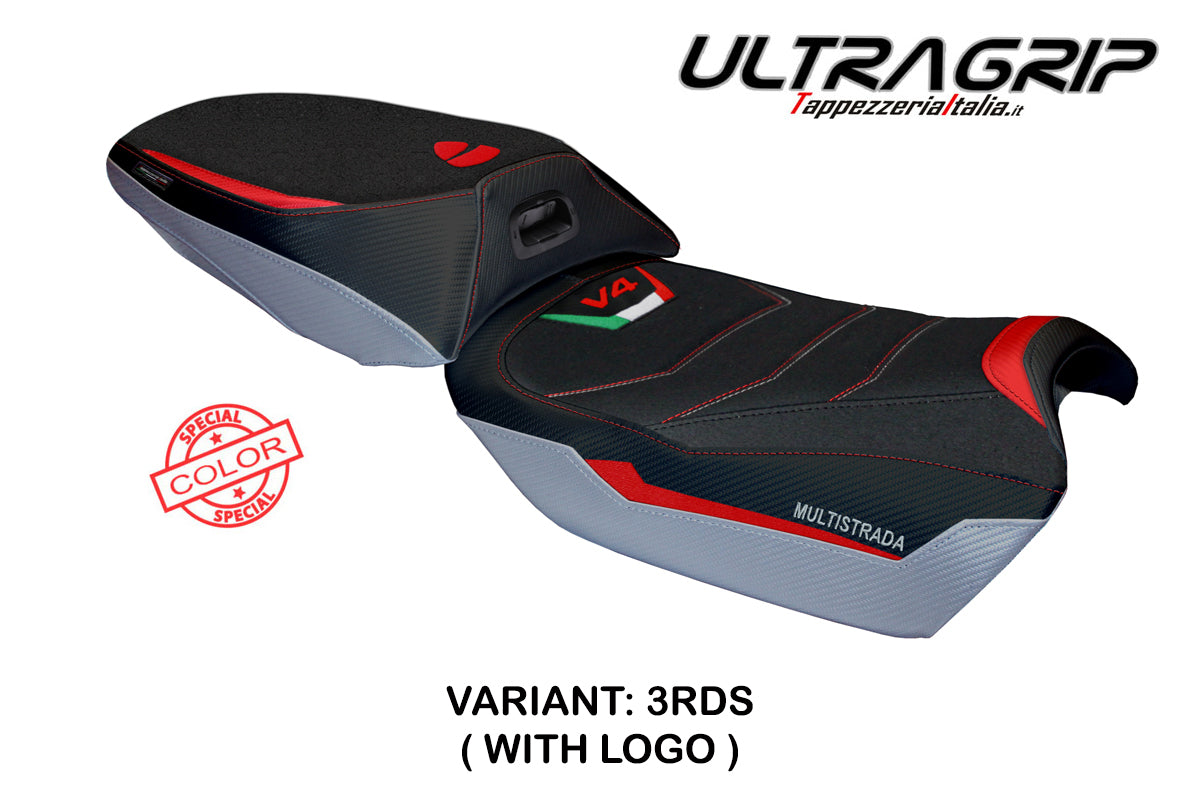 Funda de asiento Tappezzeria Italia TPZ Ultragrip para Ducati Multistrada V4 Rally 2023-2025 en color plata