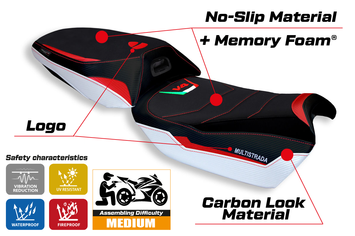 Funda de asiento calefactable Tappezzeria Italia TPZ Comfort para Ducati Multistrada V4 2021-2025 en blanco y rojo