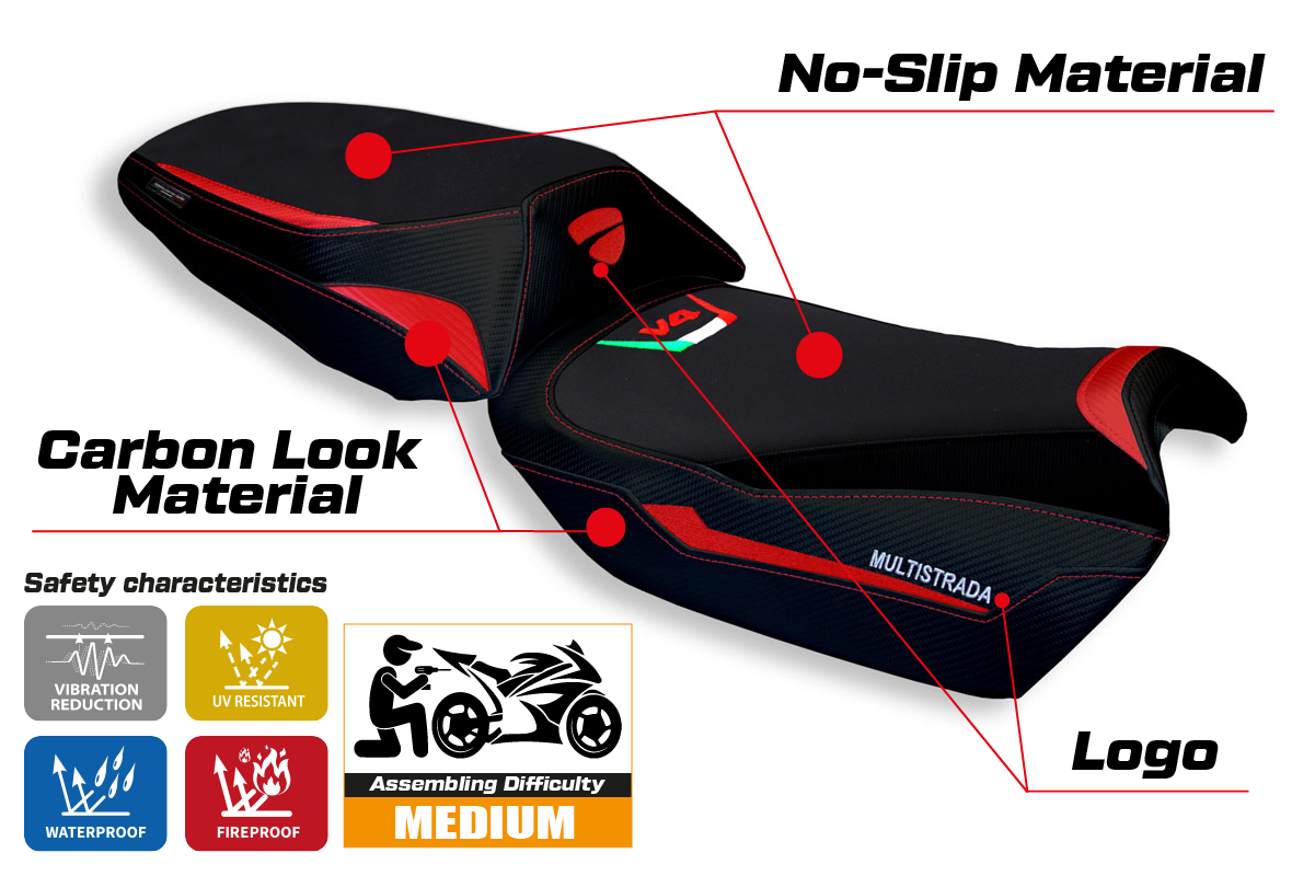 Funda de asiento para Ducati Multistrada V4 V4S 2021-2025 Tappezzeria Italia TPZ en rojo y negro