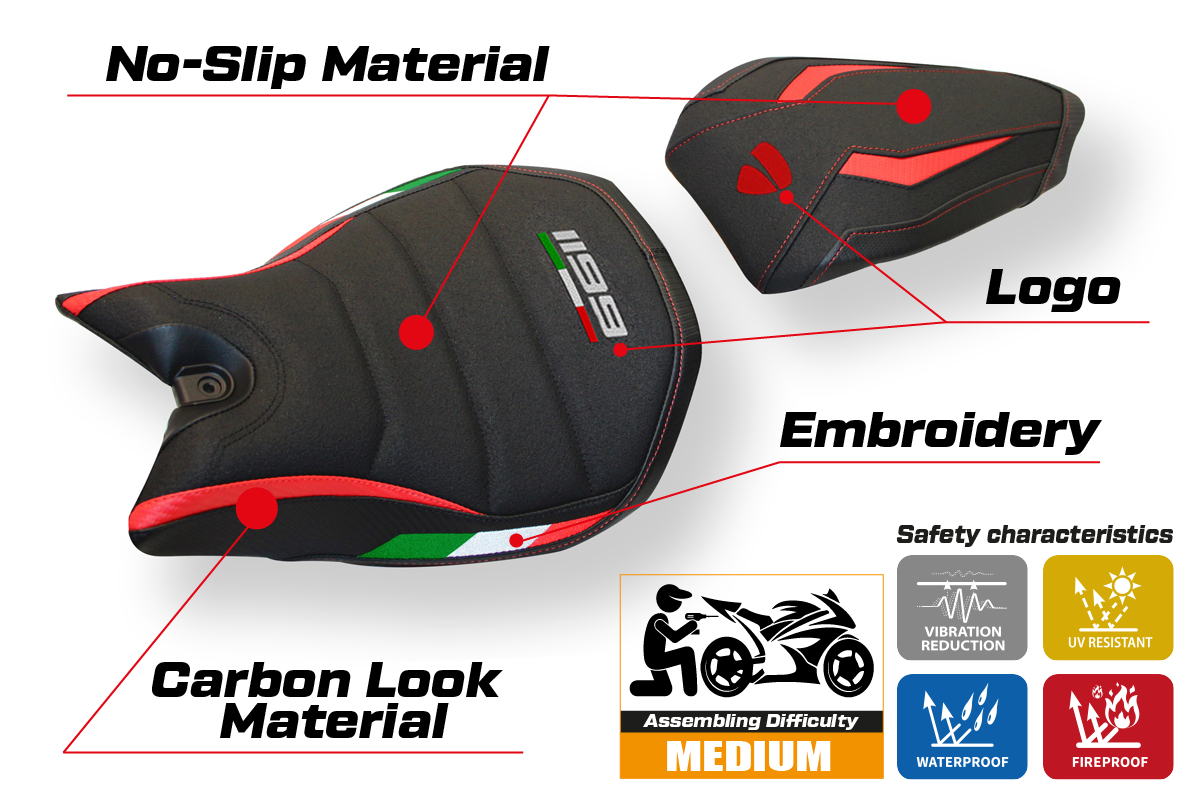Funda de asiento Tappezzeria Italia TPZ Ultragrip para Ducati Panigale 1199 2011-2015 en rojo y negro