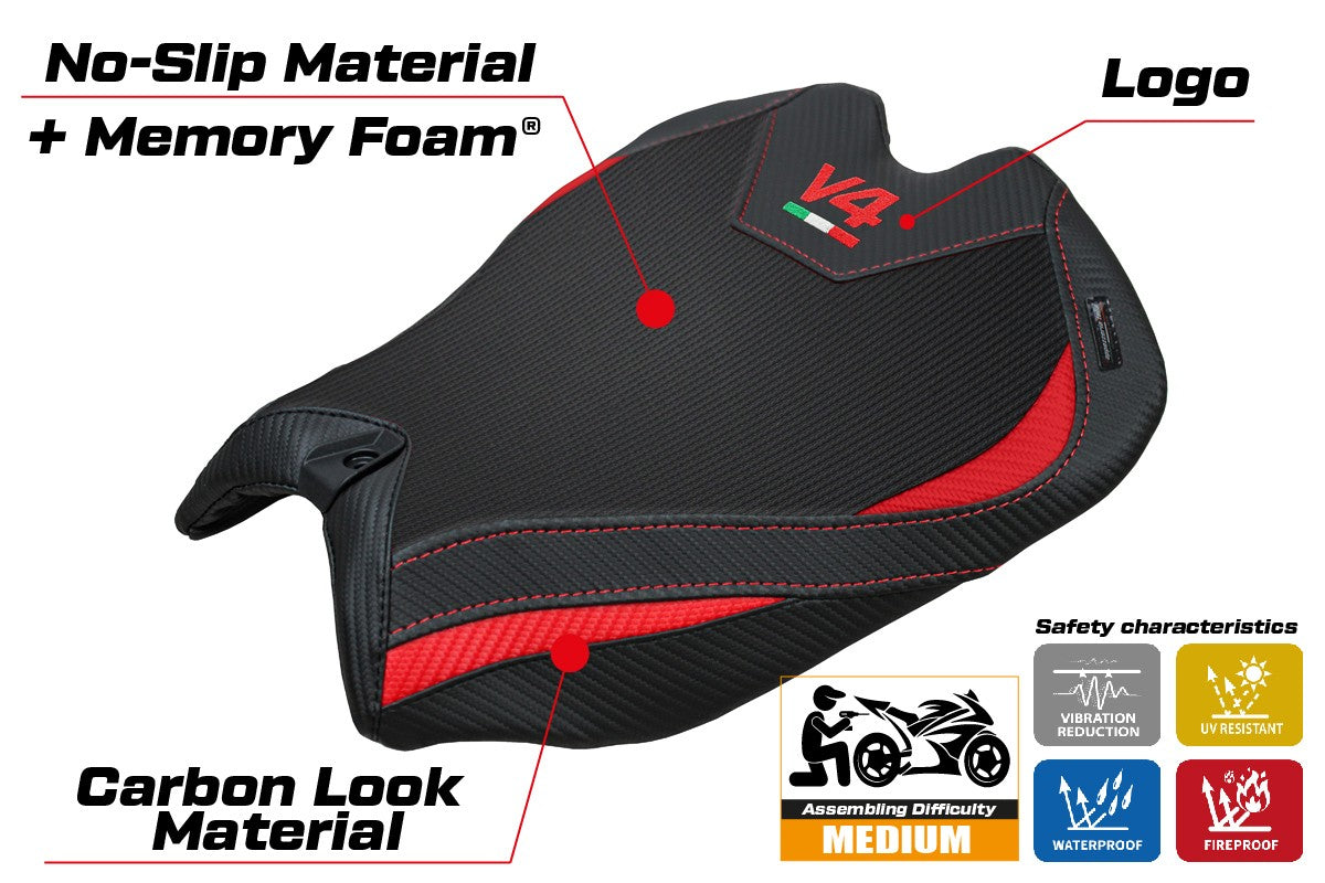 Funda de asiento para Ducati Panigale V4 2025 Tappezzeria Italia TPZ Comfort Rojo Negro Logo V4