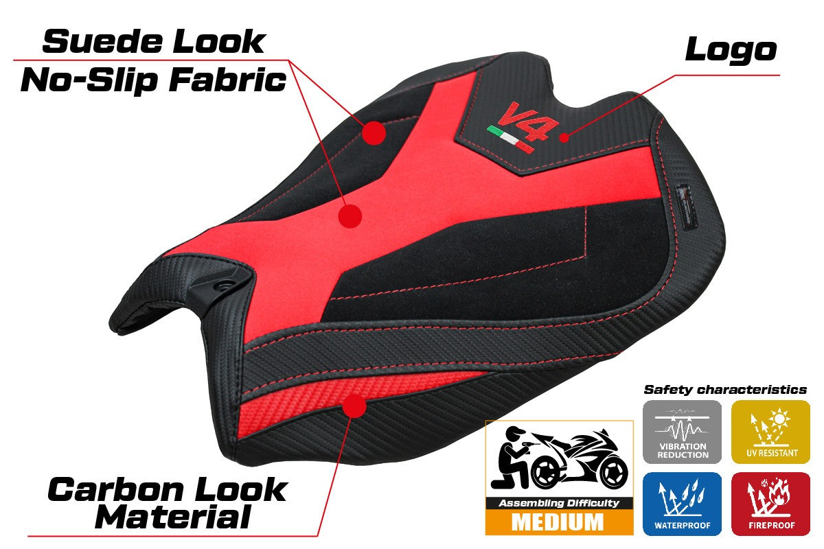 Funda Asiento Ducati Panigale V4 2025 Tappezzeria Italia TPZ Terciopelo Rojo Negro Logo V4
