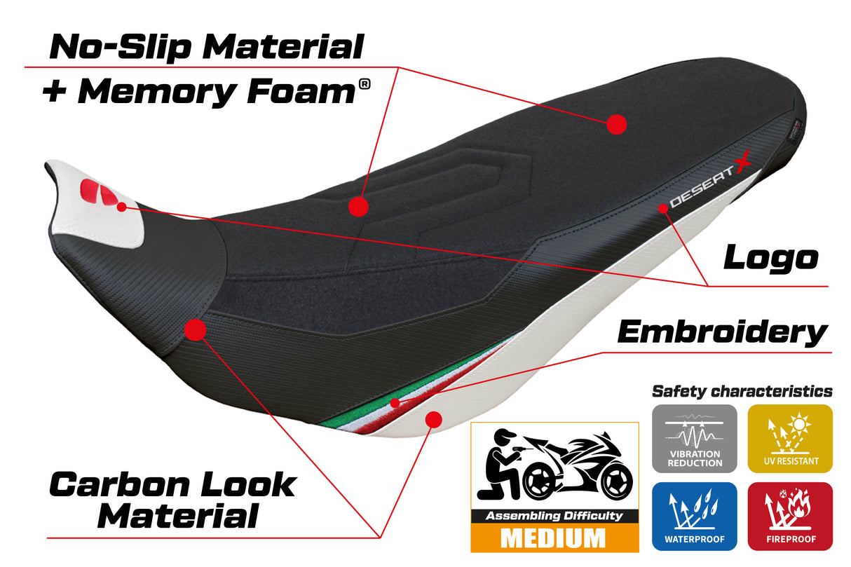 Funda de asiento Tappezzeria Italia TPZ para Ducati Desert X Rally 2022-2025 en Keren Comfort Blanco y Negro