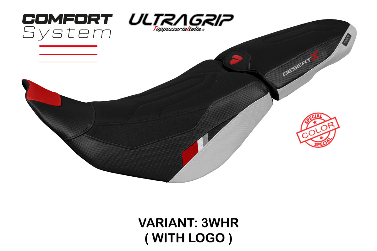 Funda de asiento para Ducati Desert X 2022-2025 Tappezzeria Italia TPZ Comfort Ultragrip en blanco y rojo