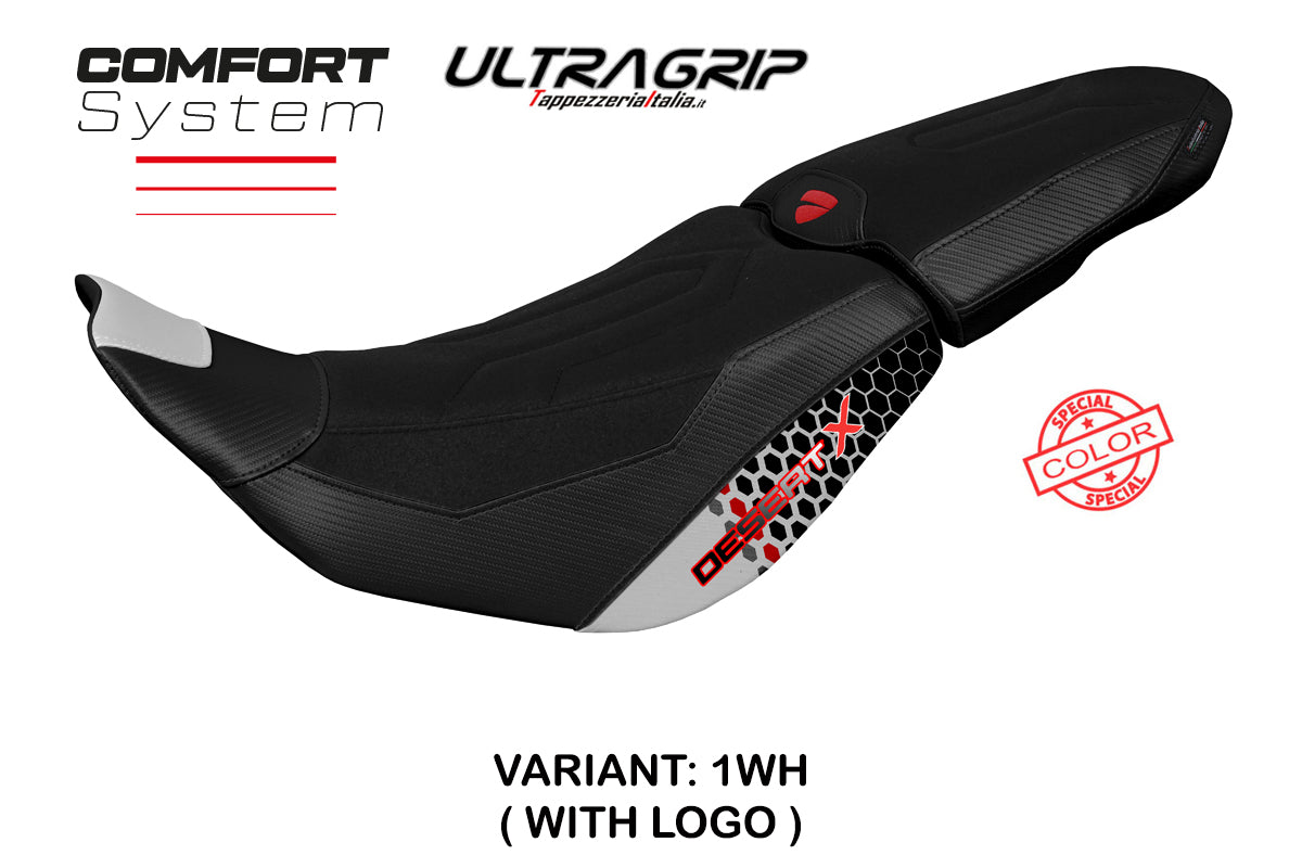 Funda de asiento Ducati Desert X 2022-2025 Tappezzeria Italia TPZ Comfort en blanco especial y negro