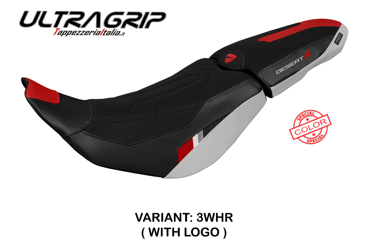 Funda de asiento para Ducati Desert X 2022-2025 Tappezzeria Italia TPZ en Thar Ultragrip blanco, rojo y negro
