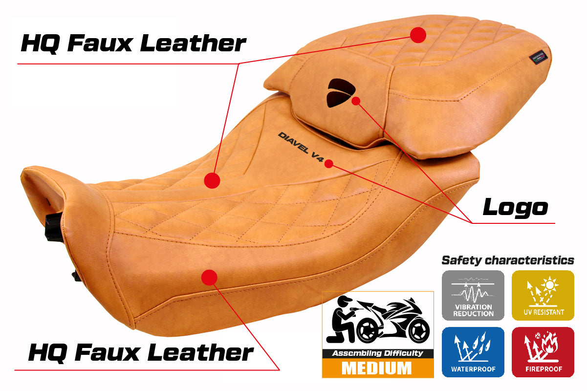 Funda de asiento Tappezzeria Italia TPZ para Ducati Diavel V4 2023-2025 en piel clásica Diablo Camel