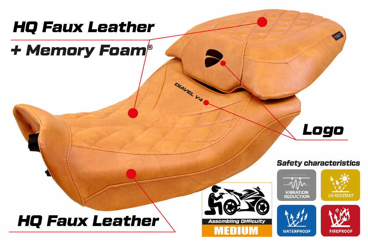 Funda de asiento para Ducati Diavel V4 2023-2025 Tappezzeria Italia TPZ Comfort Classic en piel camel