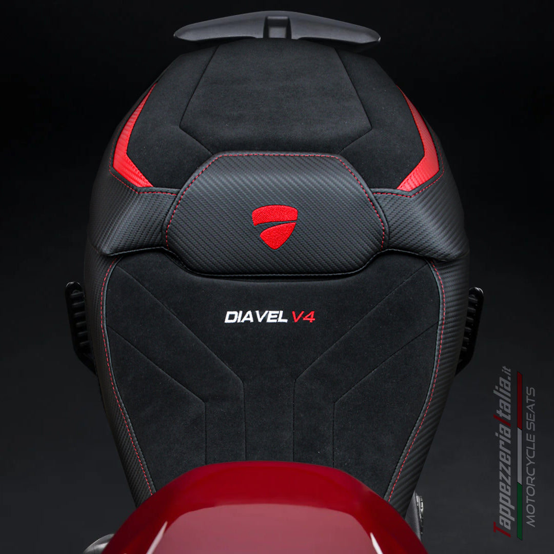 Funda de asiento para Ducati Diavel V4 2023-2025 Tappezzeria Italia TPZ Velvet en rojo Diablo y negro