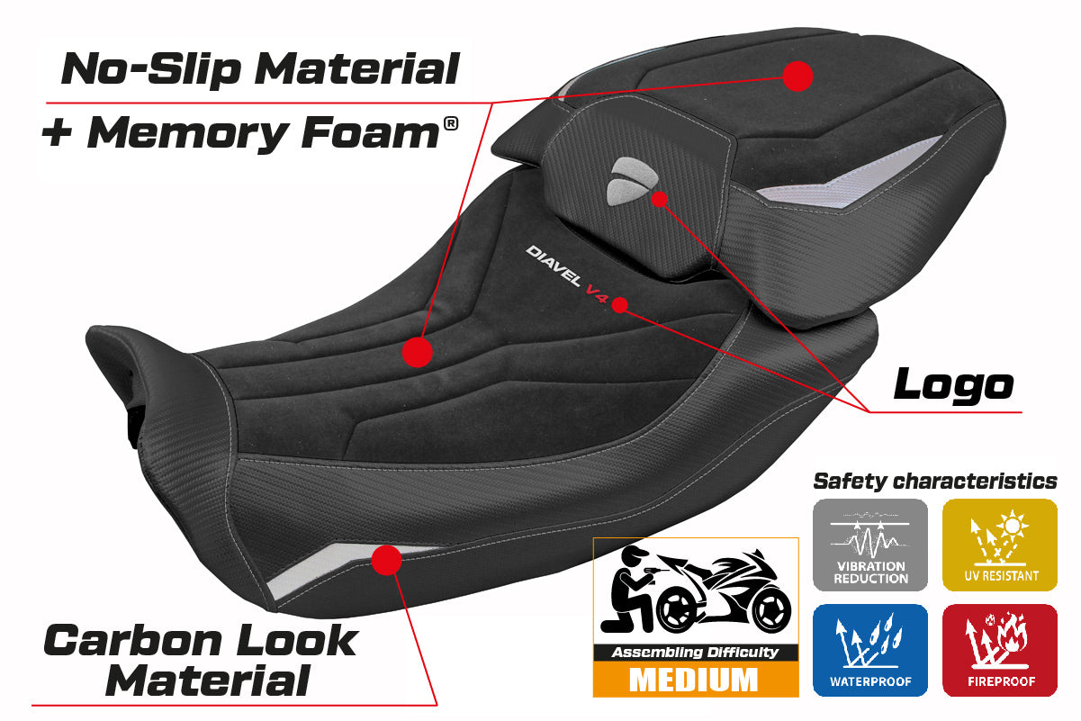 Funda de asiento Tappezzeria Italia TPZ para Ducati Diavel V4 2023-2025 en terciopelo rojo Diablo Comfort y negro