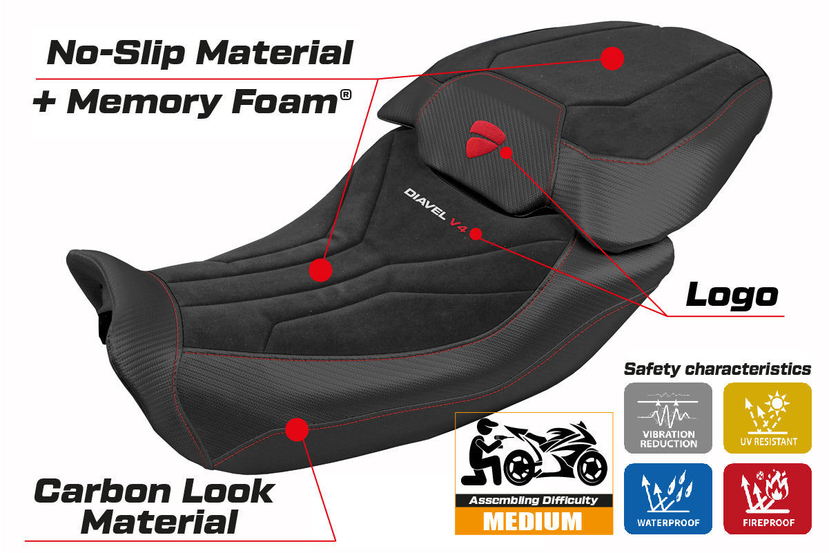 Funda de asiento Tappezzeria Italia TPZ para Ducati Diavel V4 2023-2025 en terciopelo Diablo Comfort plateado y negro