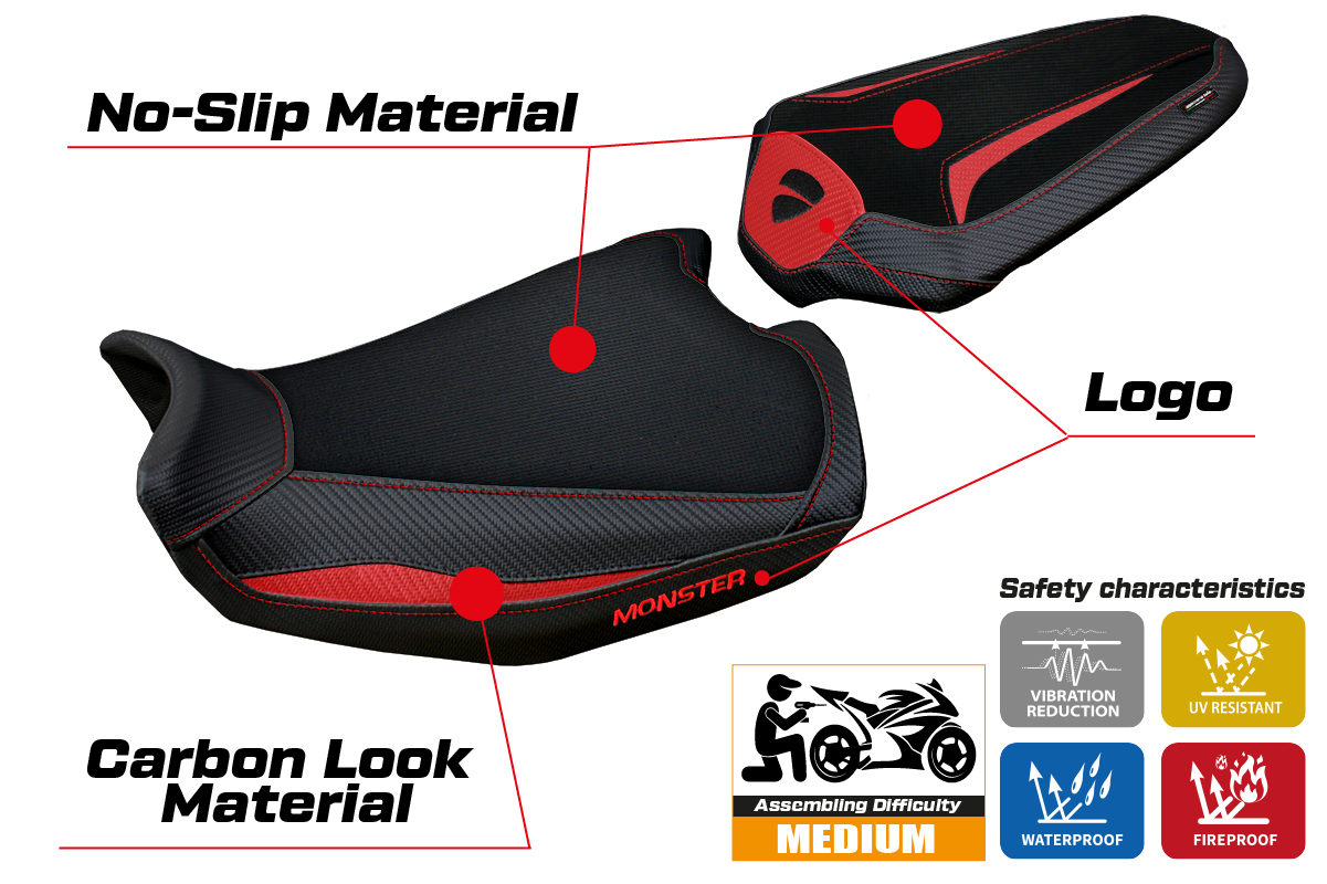 Funda de asiento Tappezzeria Italia TPZ para Ducati Monster 937 950 2021-2025 en rojo y negro