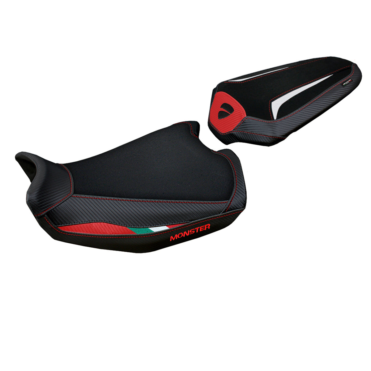 Funda de asiento Tappezzeria Italia TPZ para Ducati Monster 937 950 2021-2025 en rojo, blanco y negro