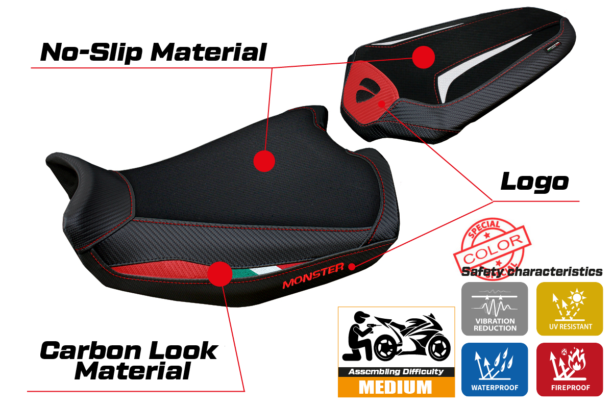Funda de asiento Tappezzeria Italia TPZ para Ducati Monster 937 950 2021-2025 en rojo, blanco y negro
