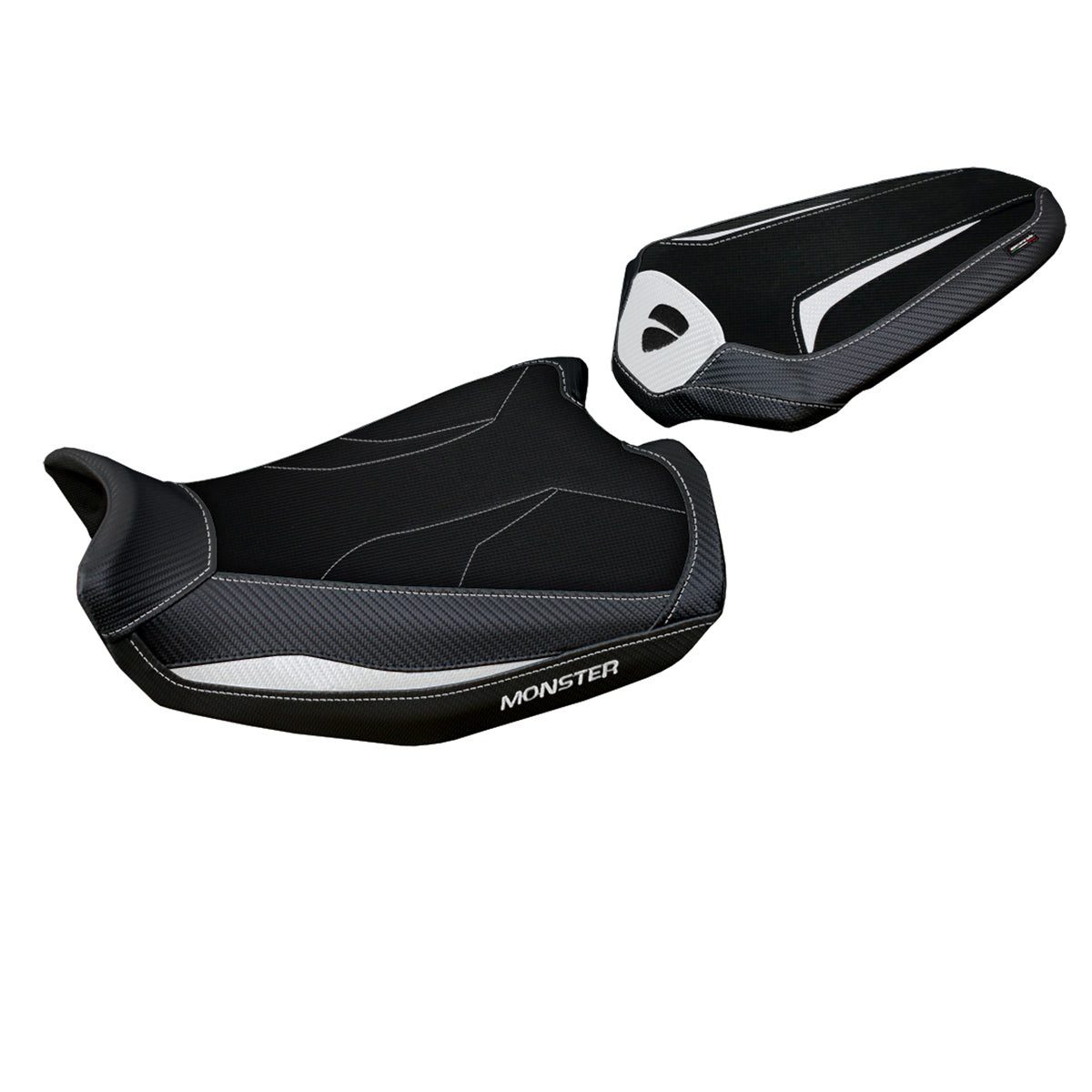 Funda de asiento Tappezzeria Italia TPZ Comfort para Ducati Monster 937 950 2021-2025 en blanco y negro