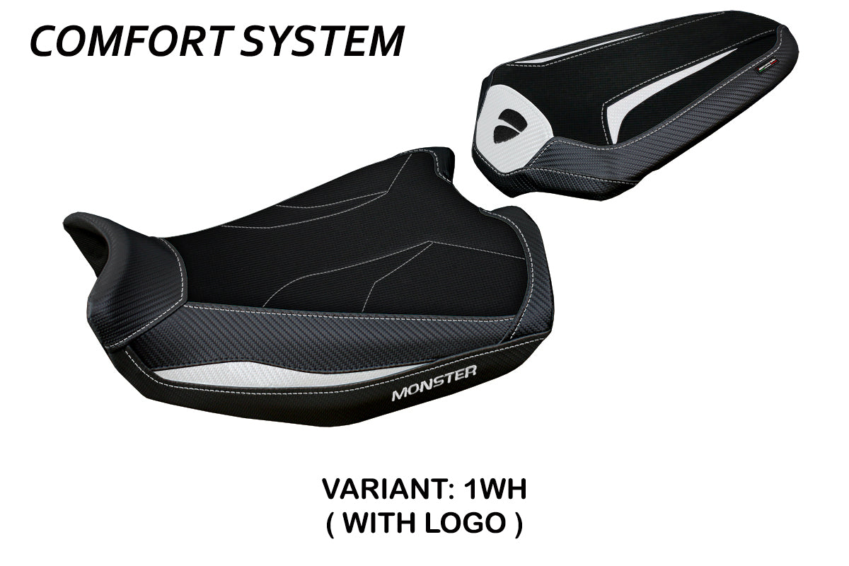 Funda de asiento Tappezzeria Italia TPZ Comfort para Ducati Monster 937 950 2021-2025 en blanco y negro